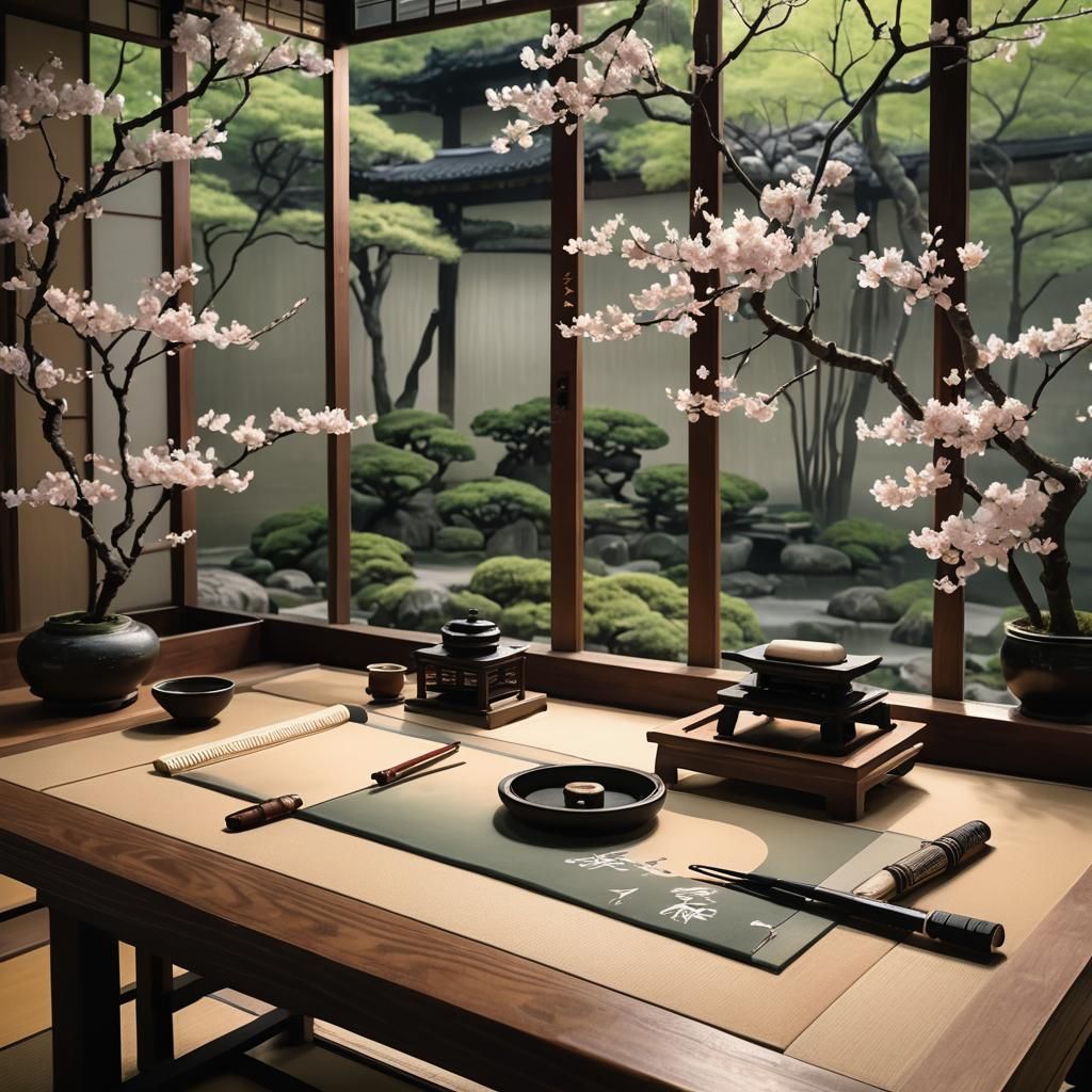 Japanese Calligraphy with Sakura Garden in Anime Style