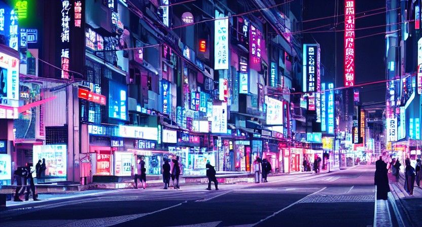 Futuristic Neon Street in Japanese City