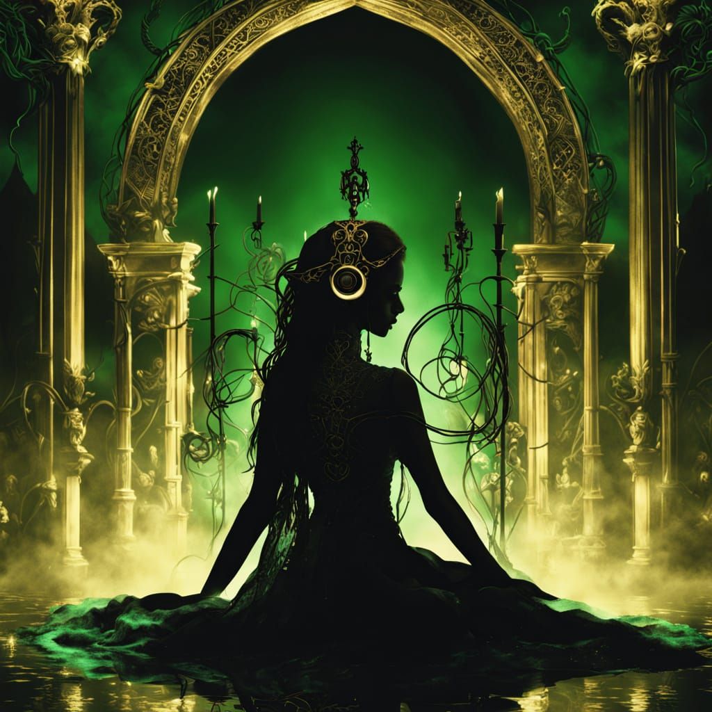 Gothic Woman on Throne with Emerald Eyes