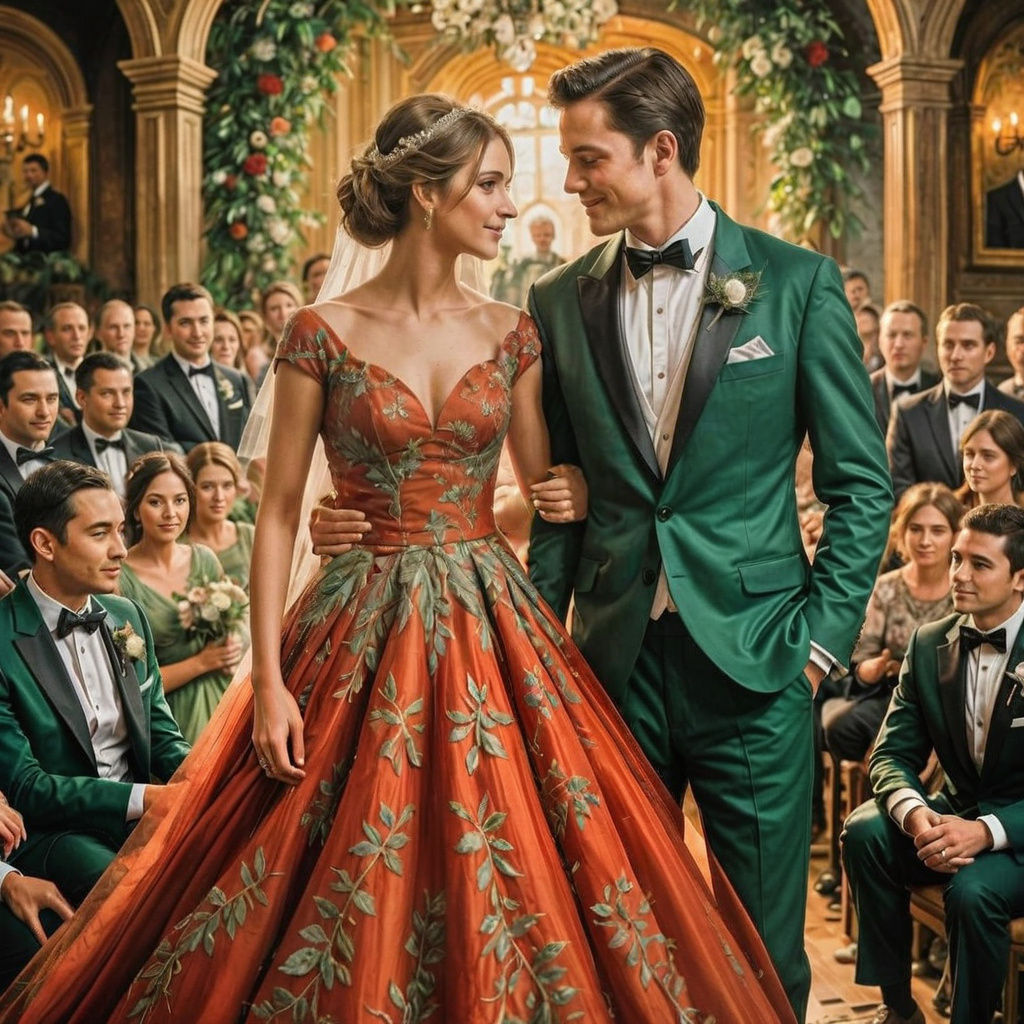Bride in Red Dress, Groom in Green Tuxedo Wedding