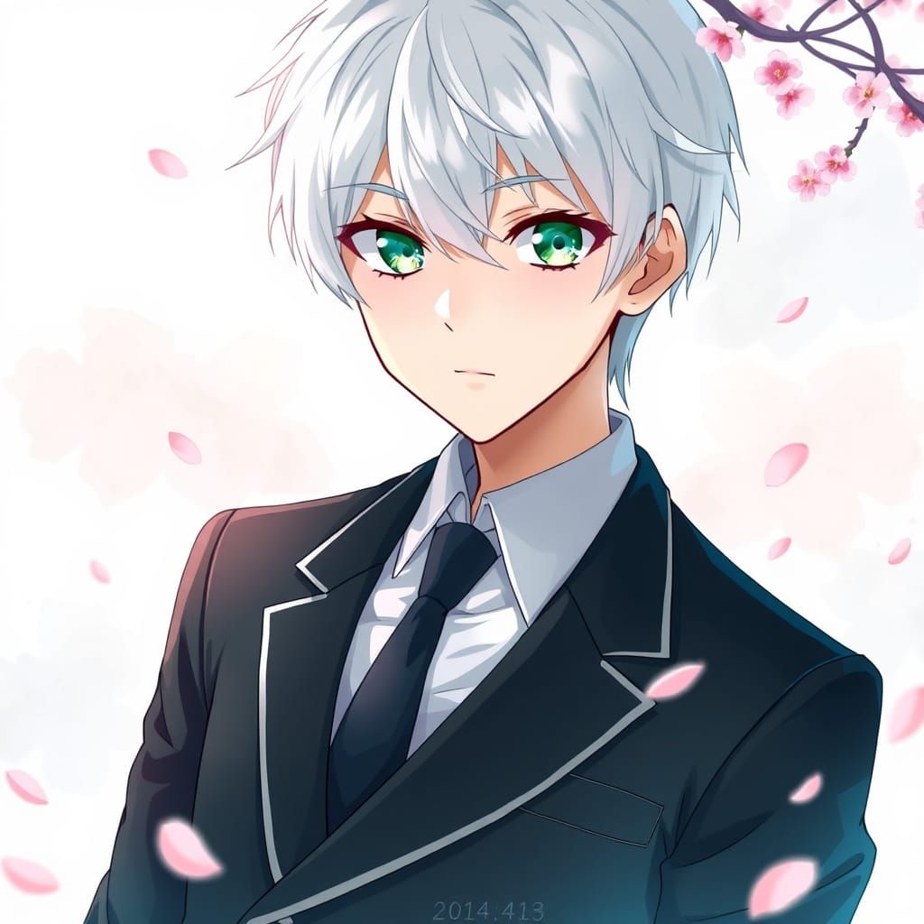Anime Boy with Green Eyes and White Hair