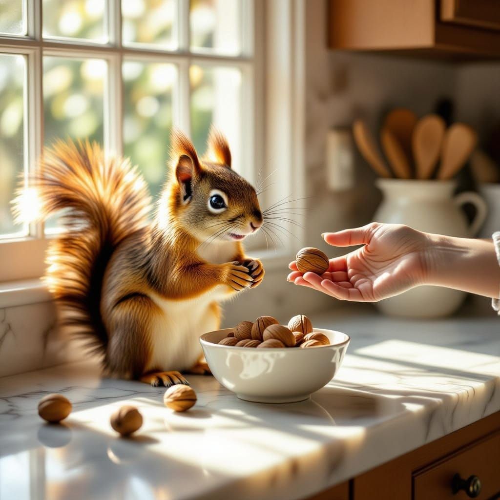 Tawny Squirrel Offered Walnut in Sunlit Kitchen