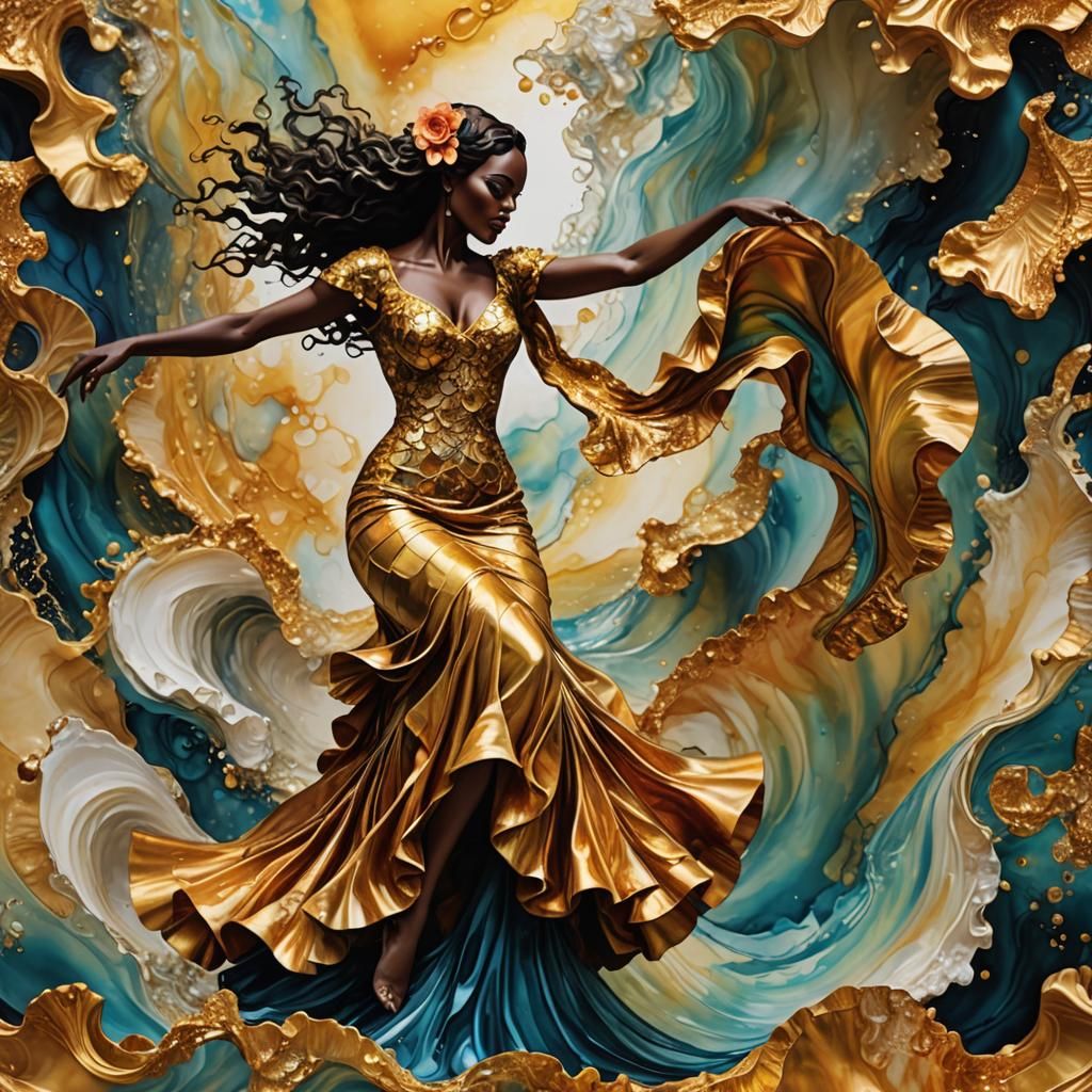 Flamenco Dancer on Tidal Wave in 3D Alcohol Ink