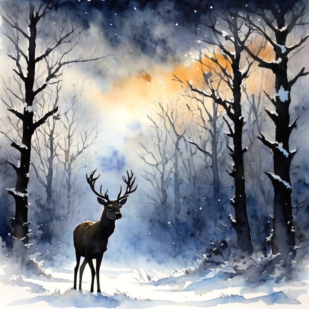 Deer in Blizzard: Silhouette Watercolor Painting