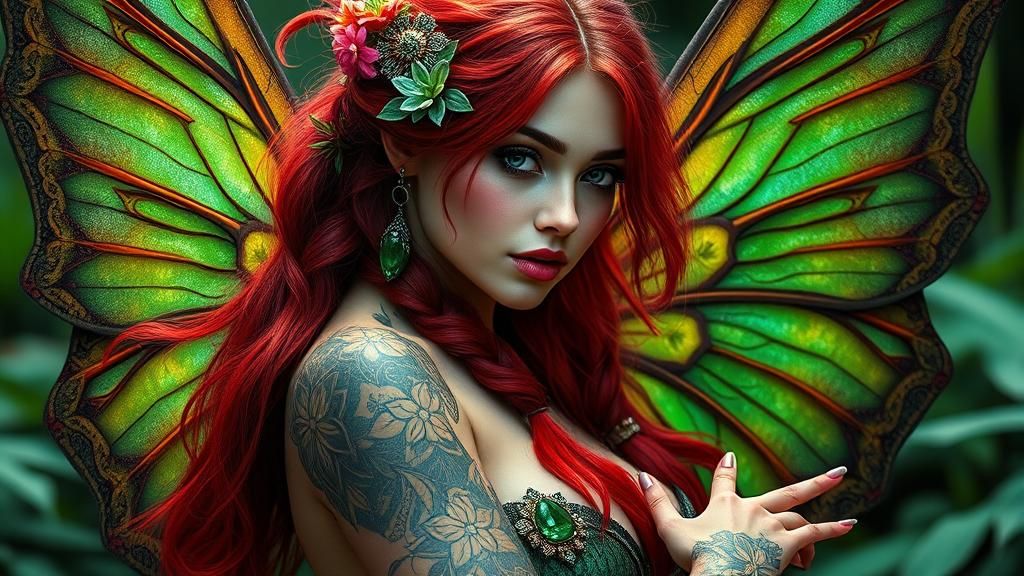 Forest Fairy Woman with Emerald Jewelry and Wings