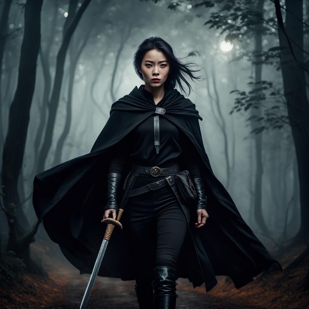 Thai Warrior in Dark Autumn Forest