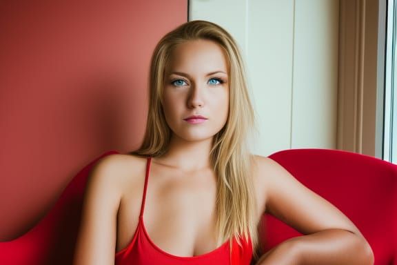 Blonde Model on Red Chair