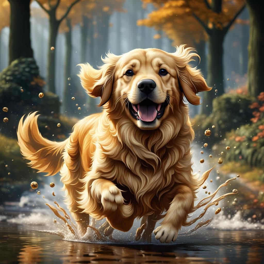 Happy Golden Retriever in Detailed Fantasy Art