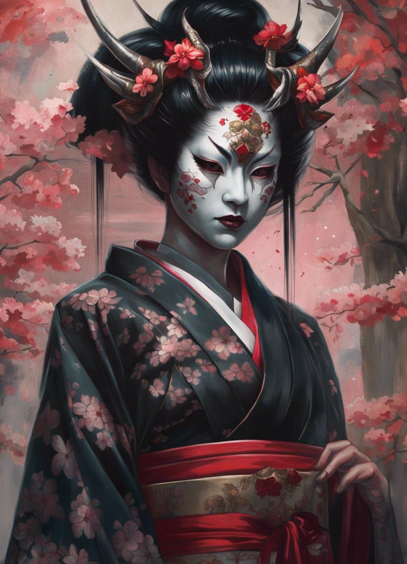 Mysterious Geisha with Oni Mask in Sakura Garden