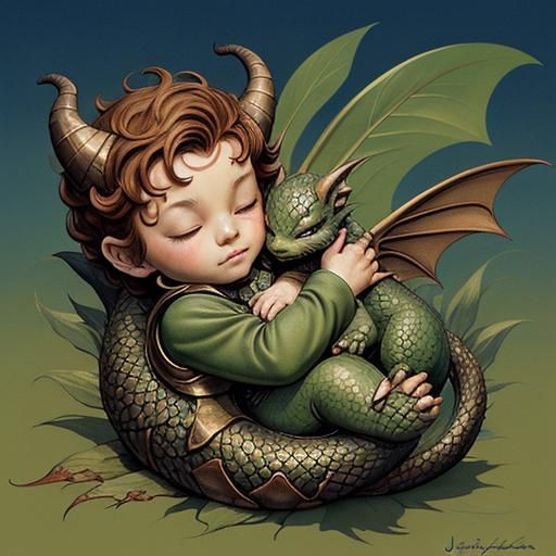 Cute Bronze Dragon Sleeping: Fantasy Gouache Illustration