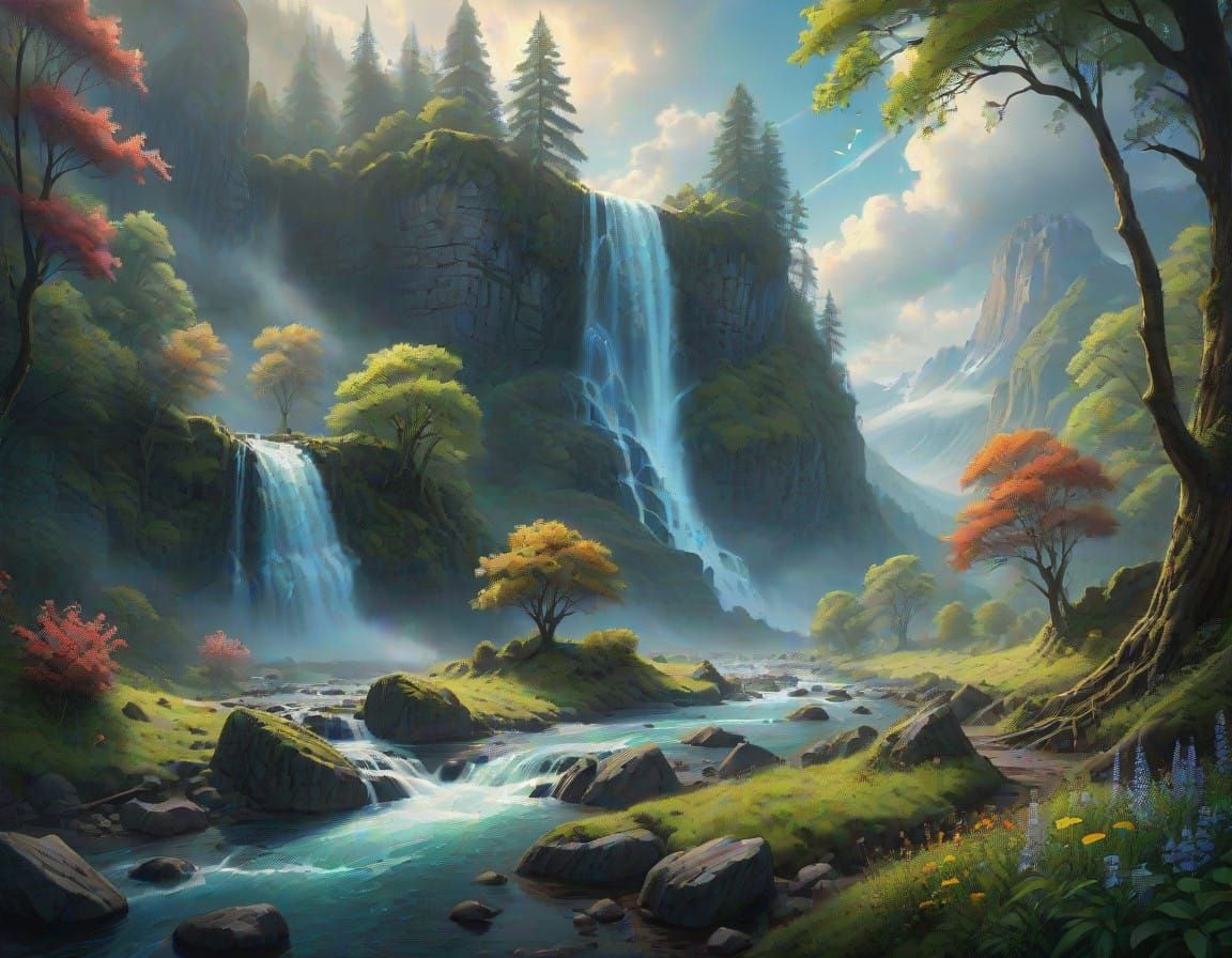 Enchanting Cliffside Waterfall Erupts Amidst Vibrant Lush Fo...