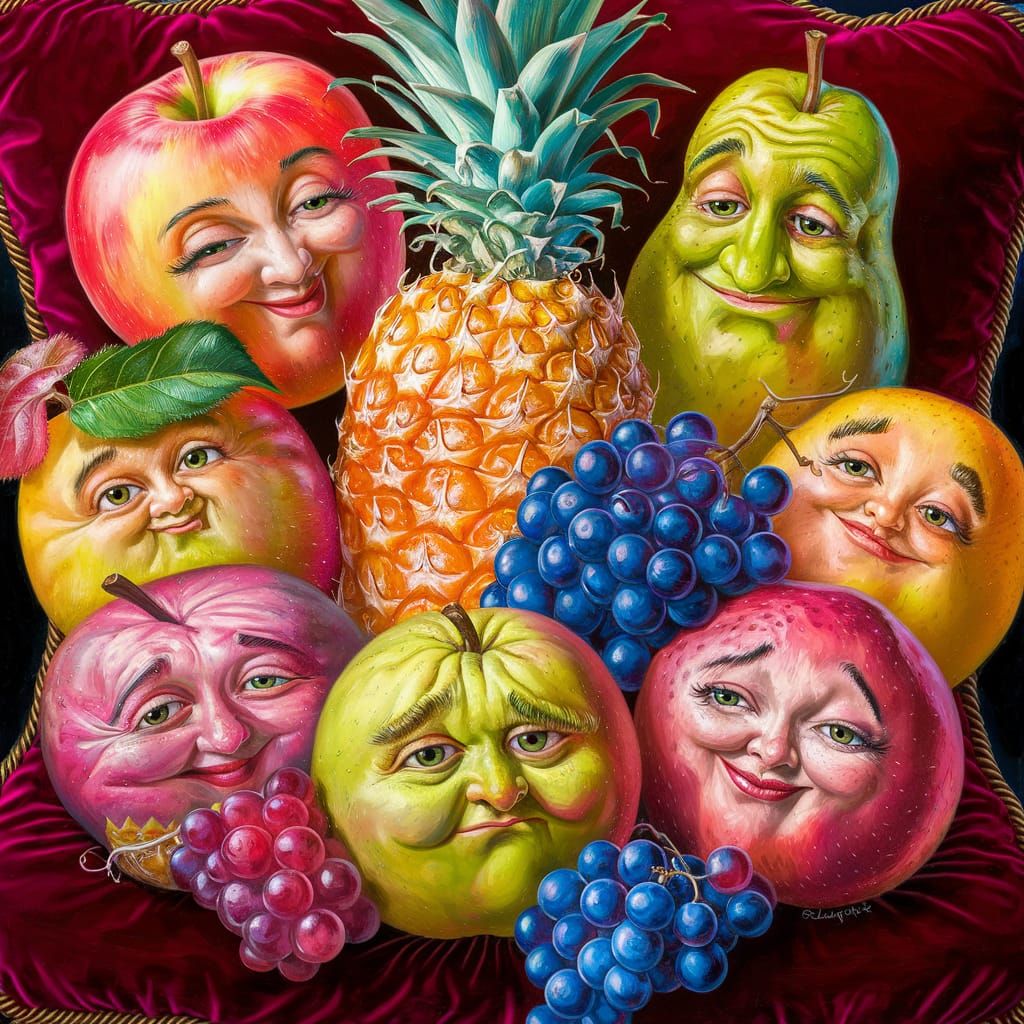 Anthropomorphic Fruits Portrait on Velvet Cushion