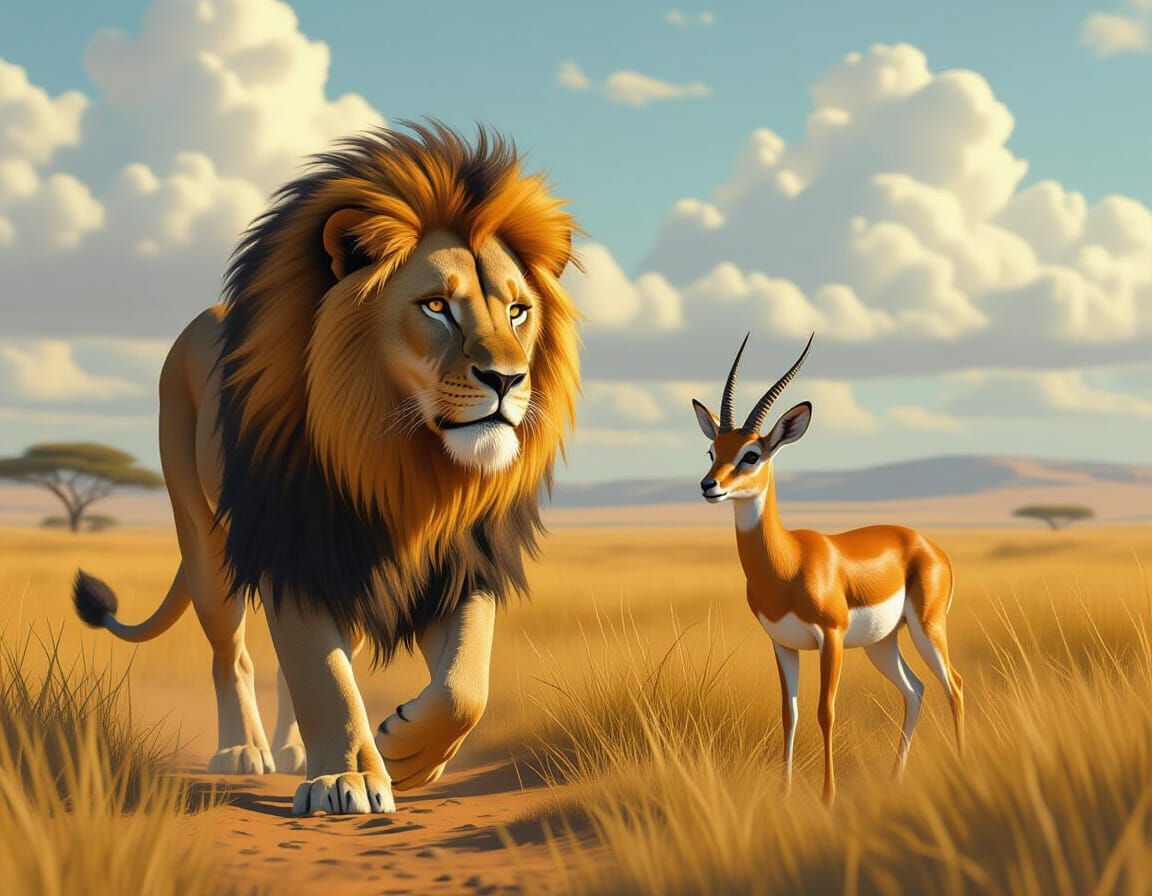 Regal Lion Approaches Gazelle on African Savannah
