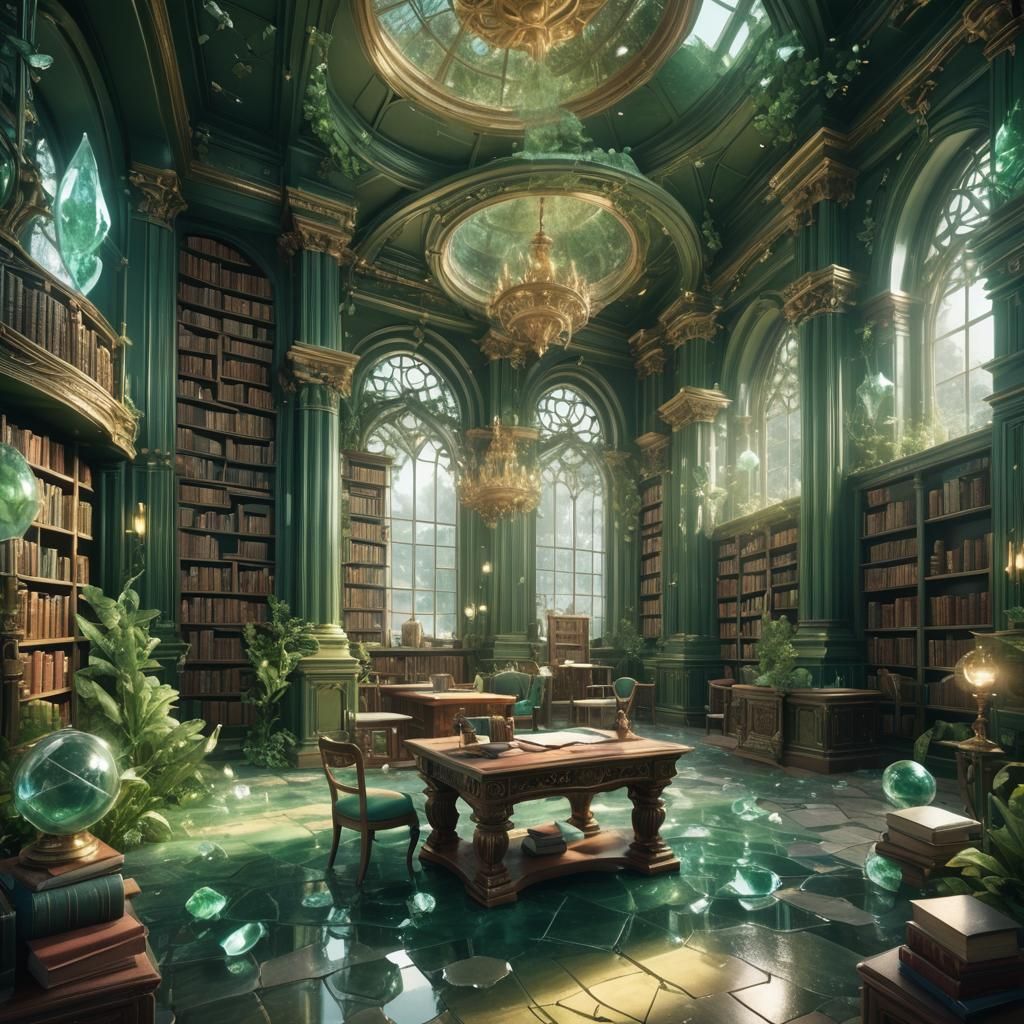 Green Amethyst Library in Detailed Matte Painting