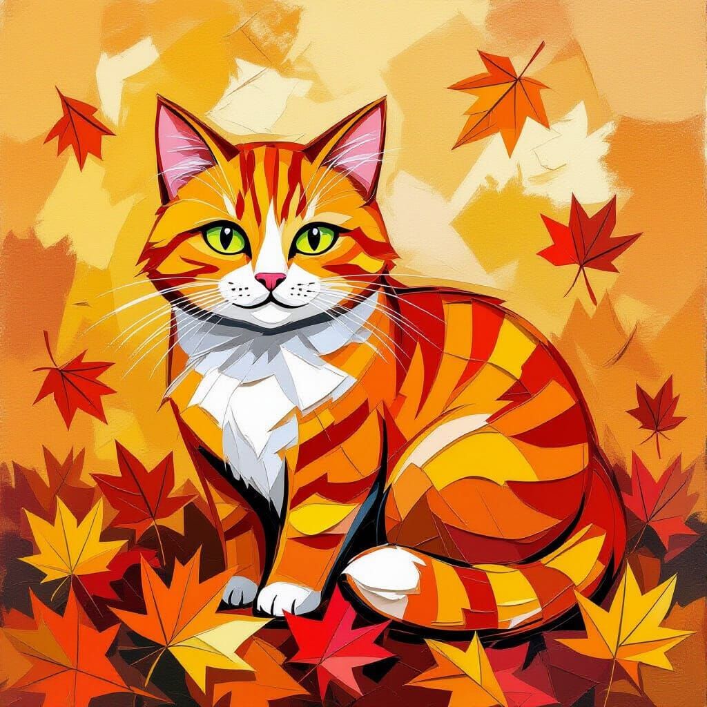 Orange Cat Among Autumn Leaves in Thick Impasto Style