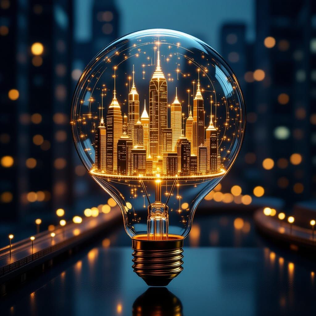 Golden City Metropolis Inside a Luminous Lightbulb