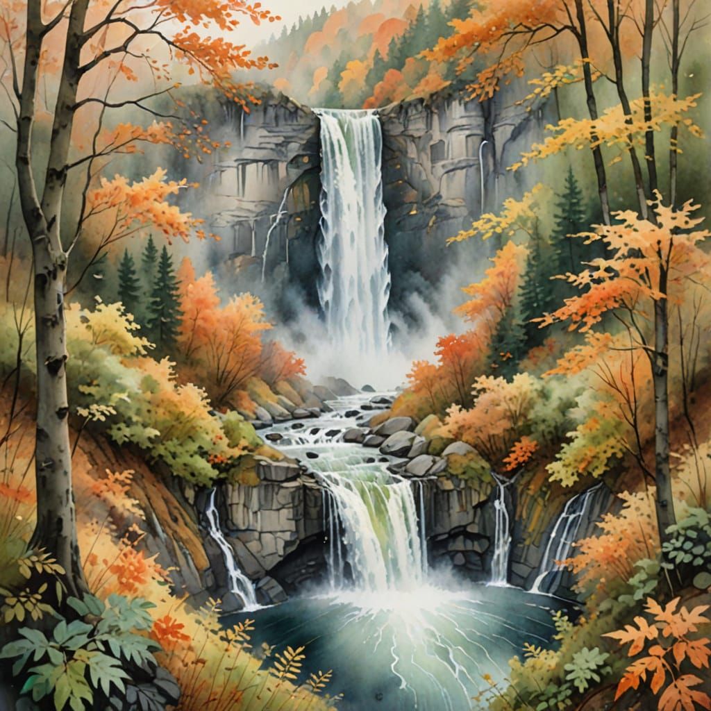 Misty Autumn Waterfall in Watercolor Style