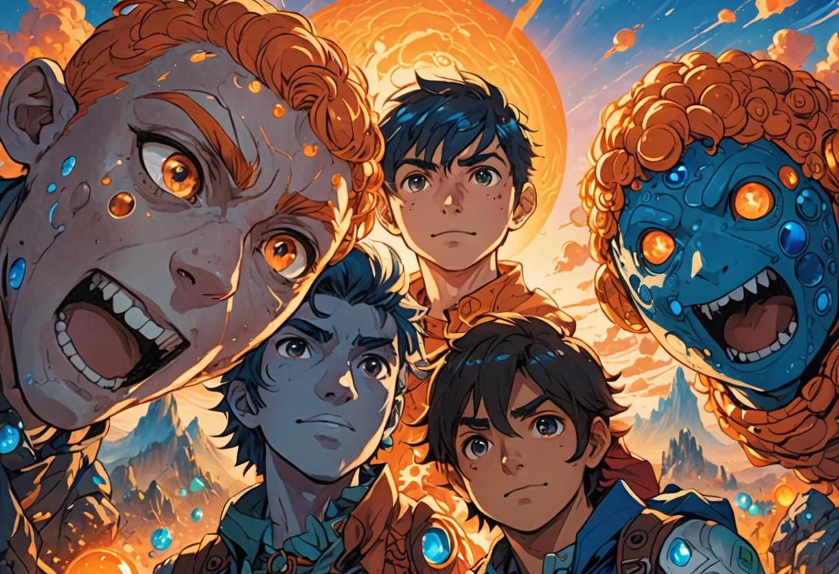 Elemental Heroes in a Manga-Style Landscape