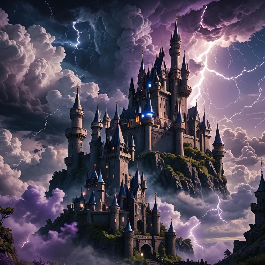 Dramatic Castle Under Lightning Sky in Fantasy Art