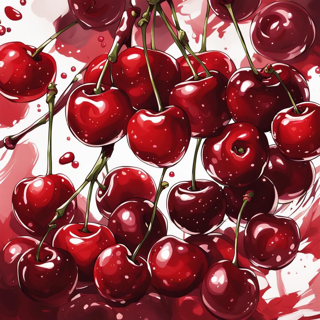 Glossy Cherries in Anime Style Close-up