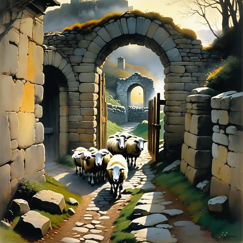 Shepherd Leads Sheep Out of Dawn's Golden Light