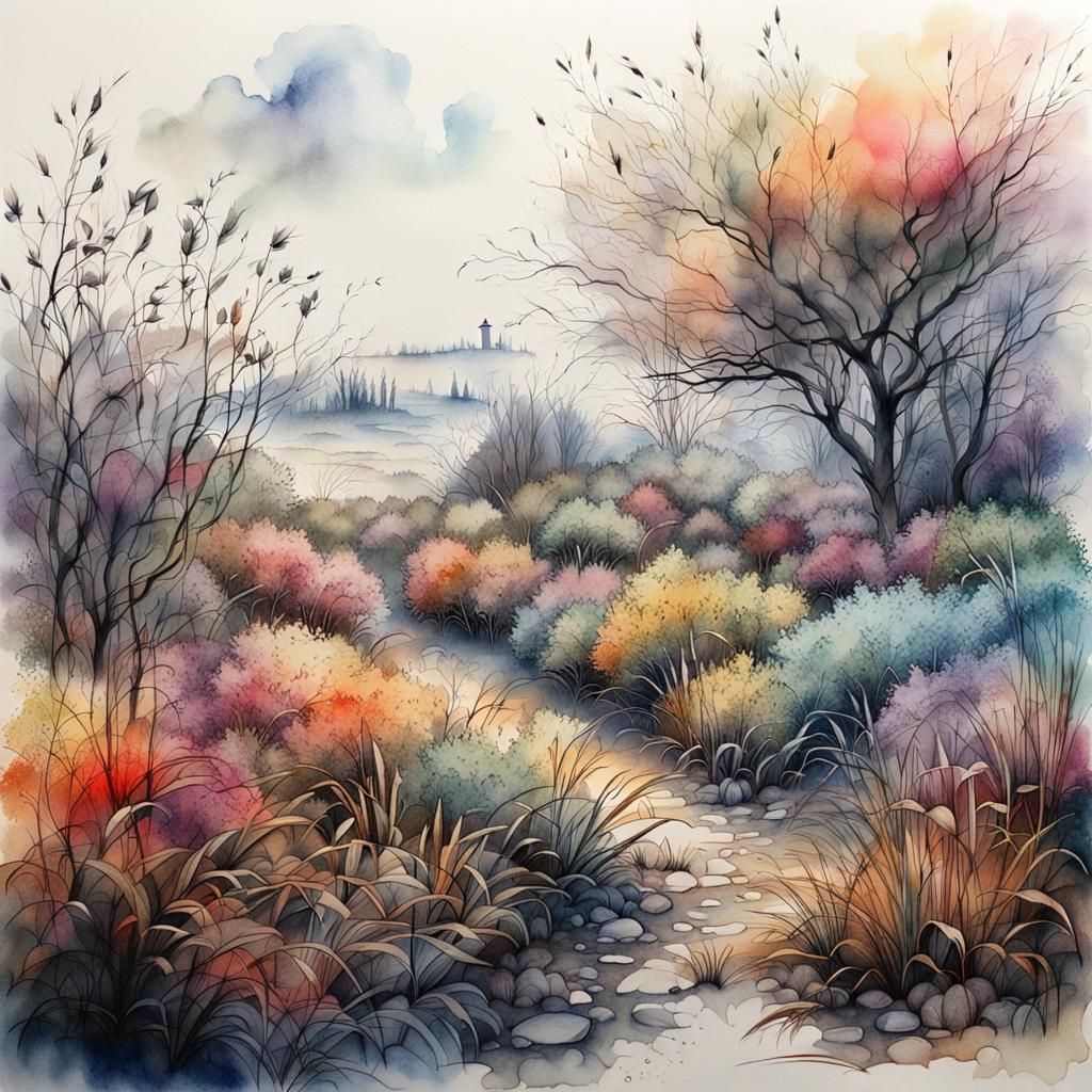 Misty Orchard Landscape in Watercolor Ink Style