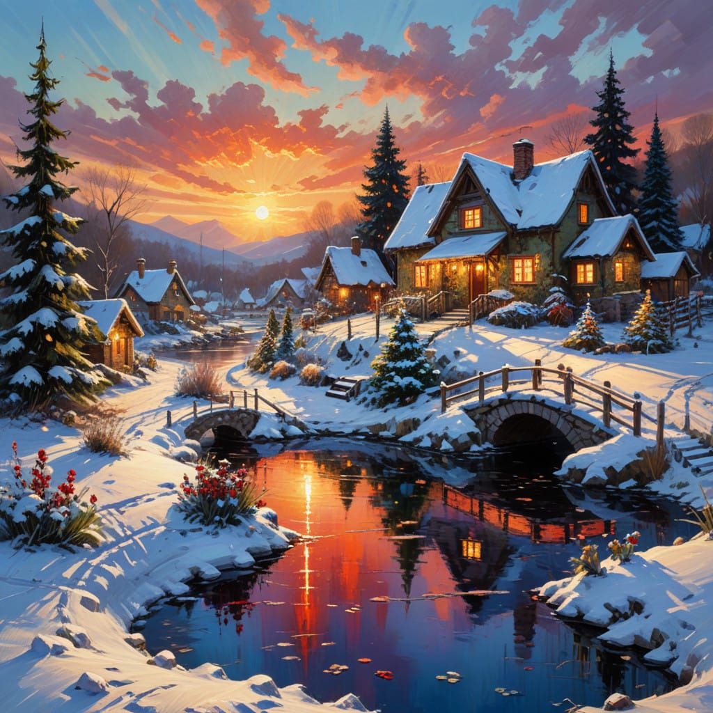 Winter Wonderland Village in Impasto Oil Painting Style