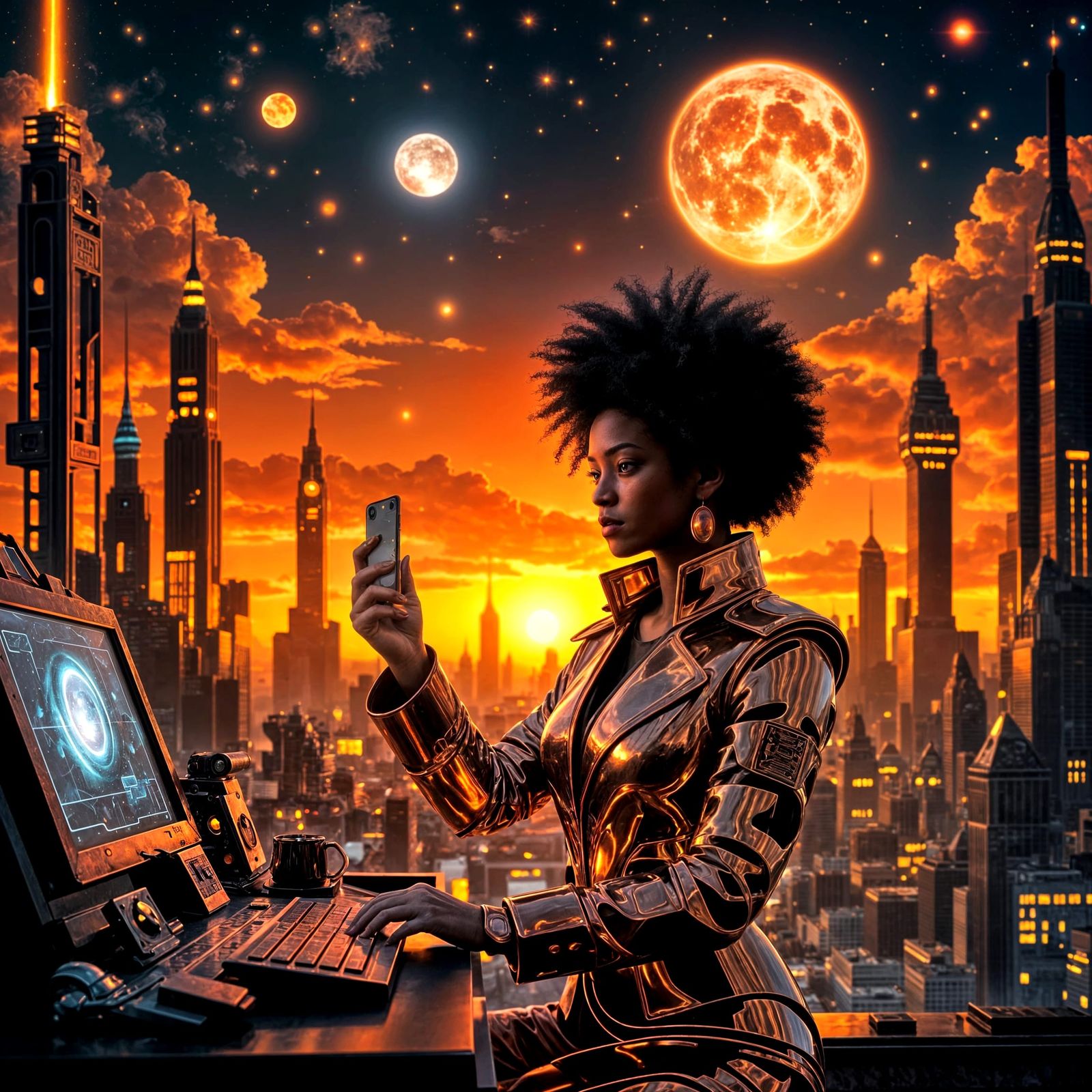 Afro-Futurist Cityscape in Copper and Flame