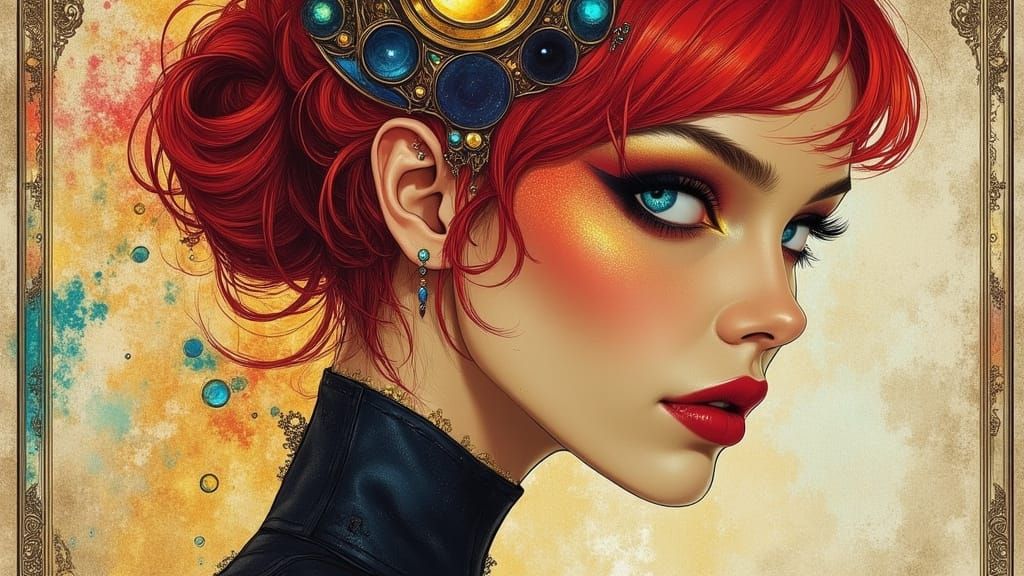 Red-Haired Woman with Blue Eyes in Futuristic Comic Style