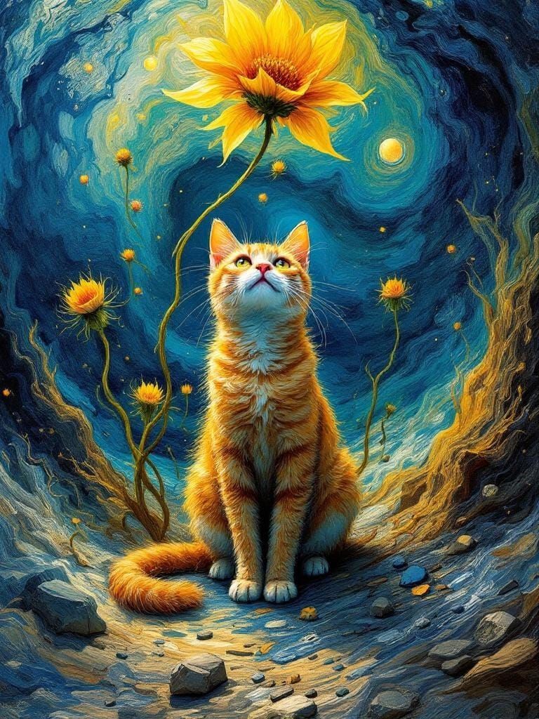 Cat in Surreal Dreamscape Blending Van Gogh and Dalí