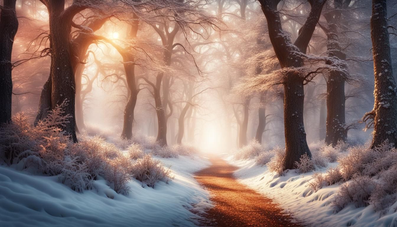 Enchanted Winter Forest Path in Warm Colors
