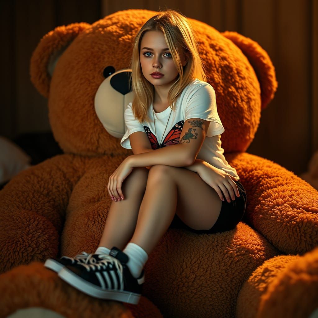 Blonde Woman on Teddy Bear in Cinematic Film Still
