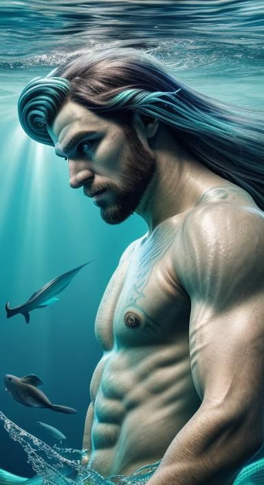 (merman), mermaid, pointy ears, blue long hair, jewelry, flo...