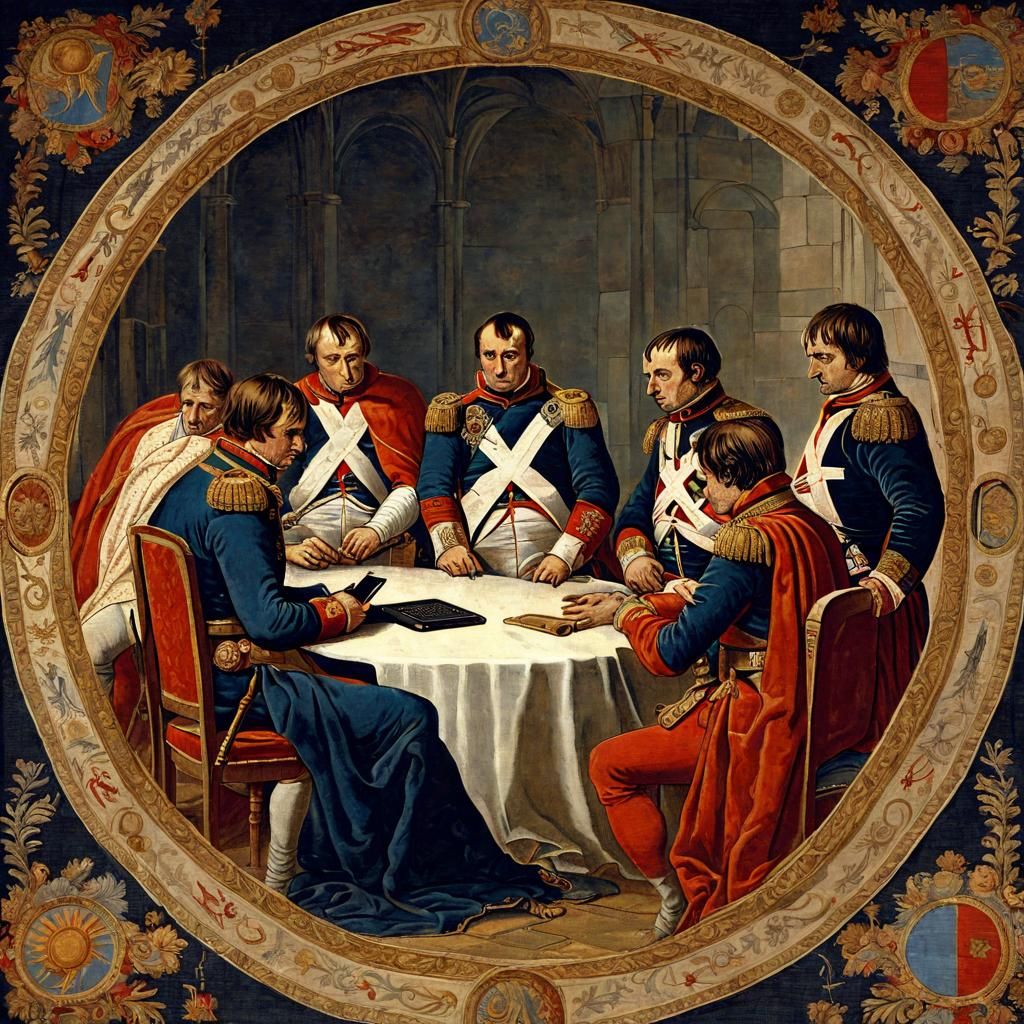 Napoleon and Generals: Medieval Tapestry with Phones