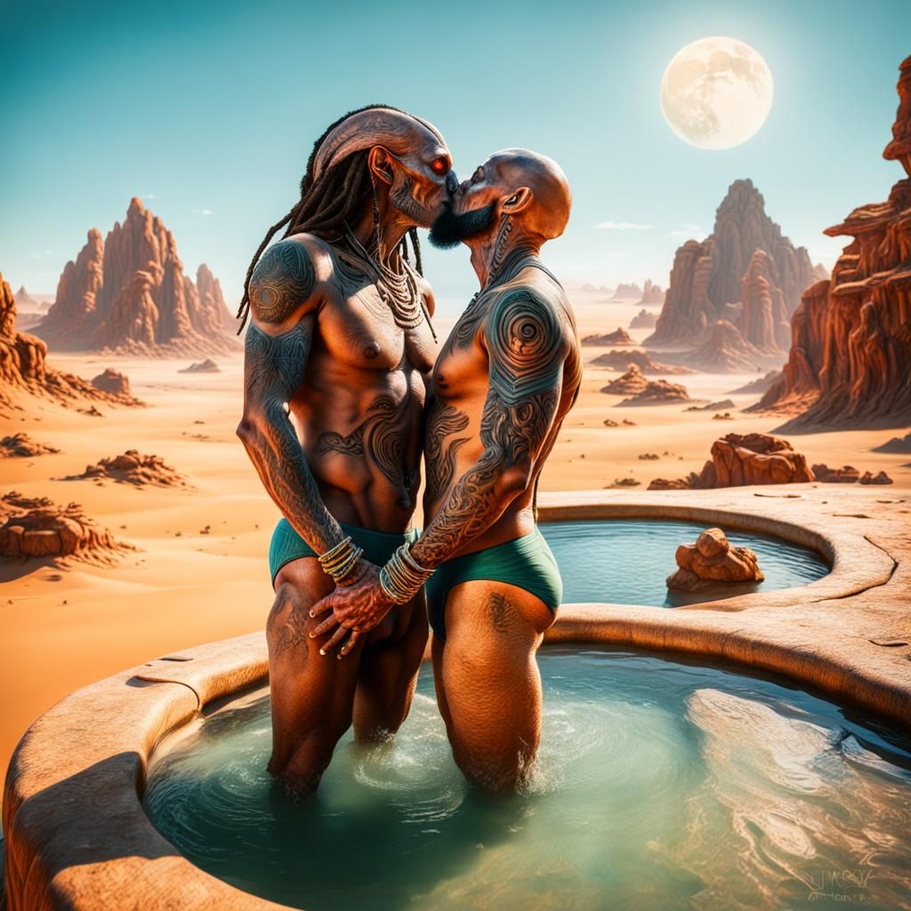 Gay Alien Couple at Oasis Spa in Cinematic Realism