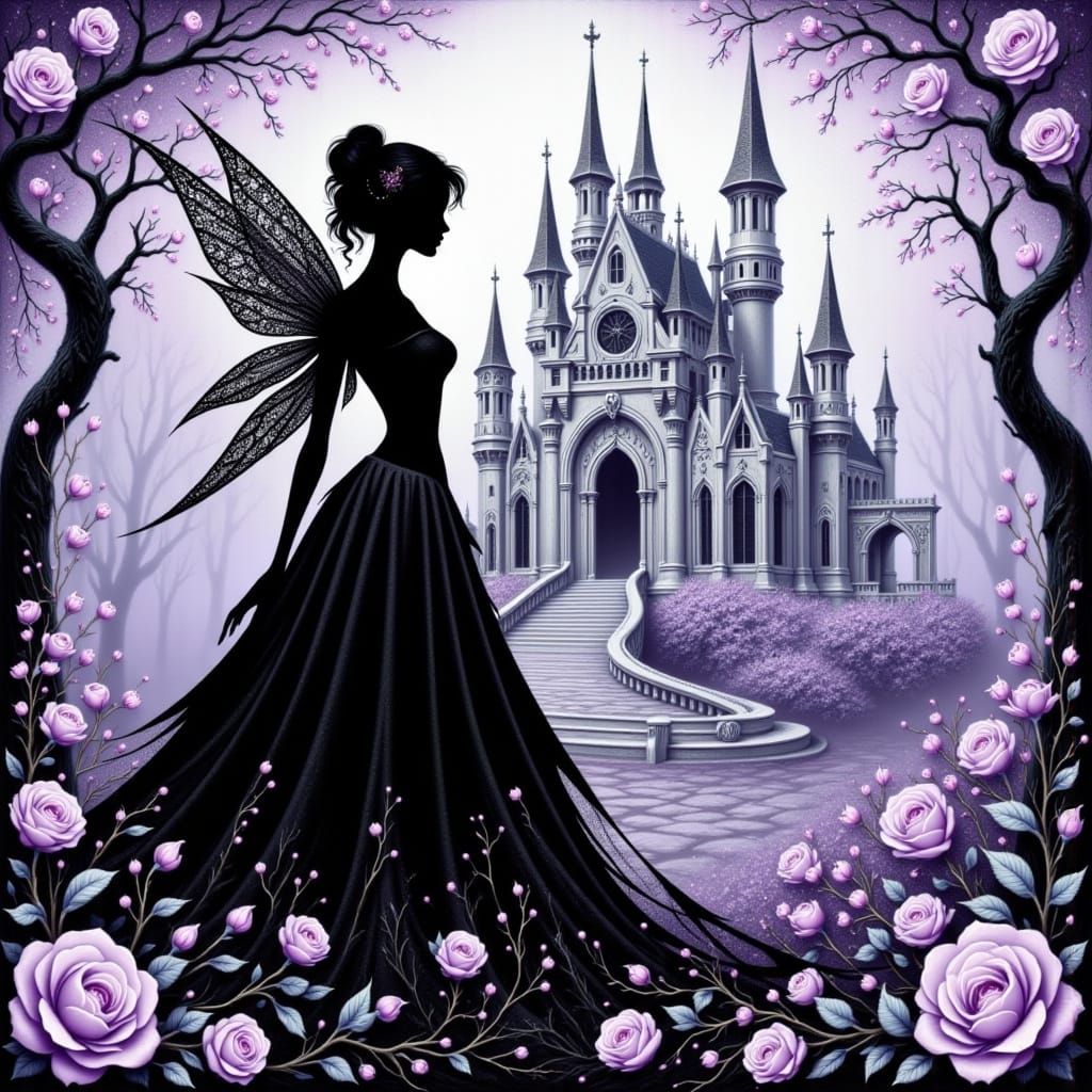 Fairy Silhouette over Whimsical Castle Wedding Scene