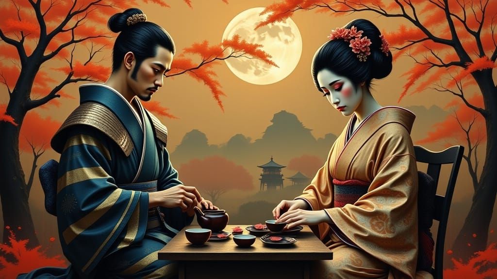 Ancient Japan's Elegance: Samurai and Geisha in a Tea Ceremo...