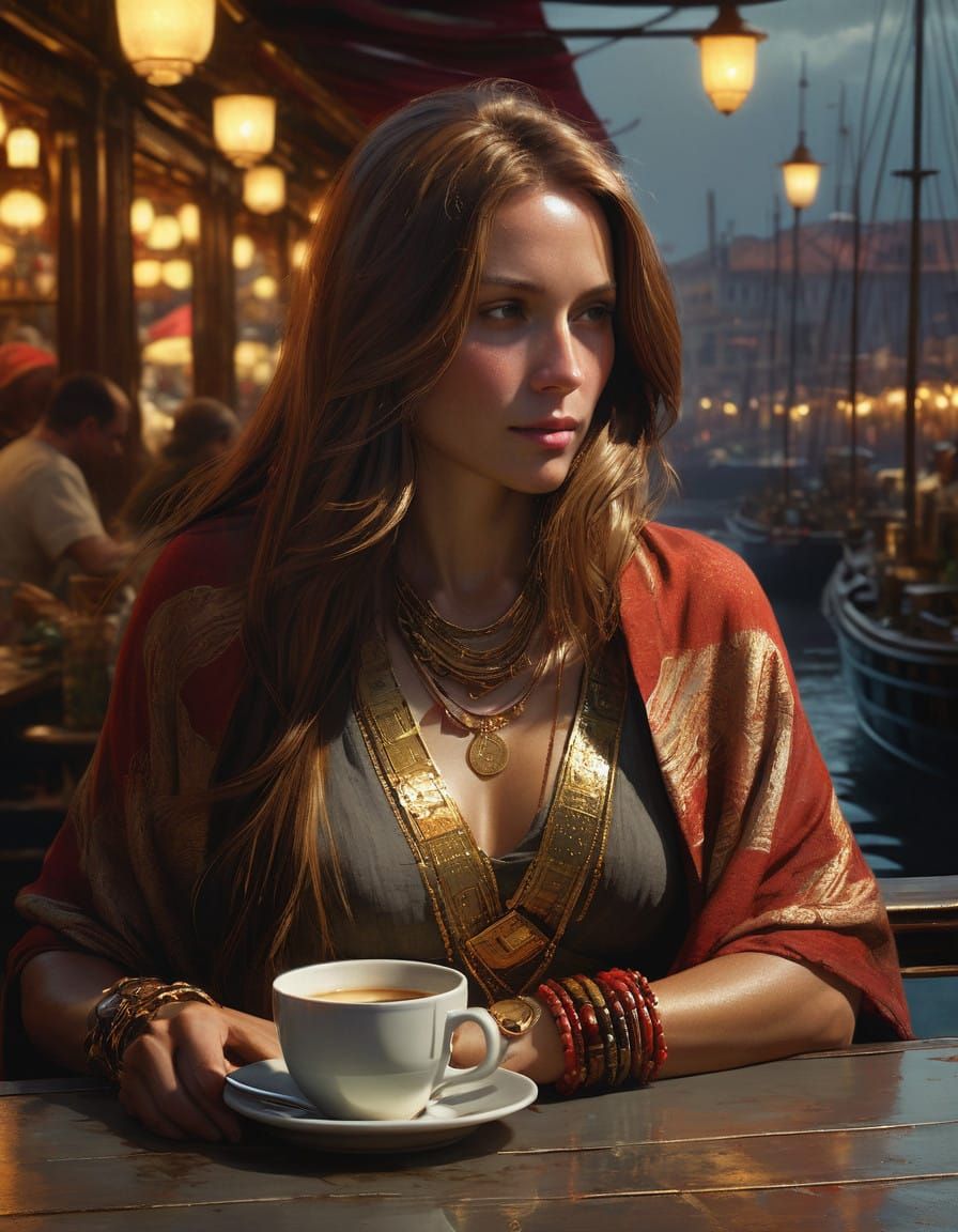 Glowing Dawn Cafe Goddess in Chiaroscuro Oil