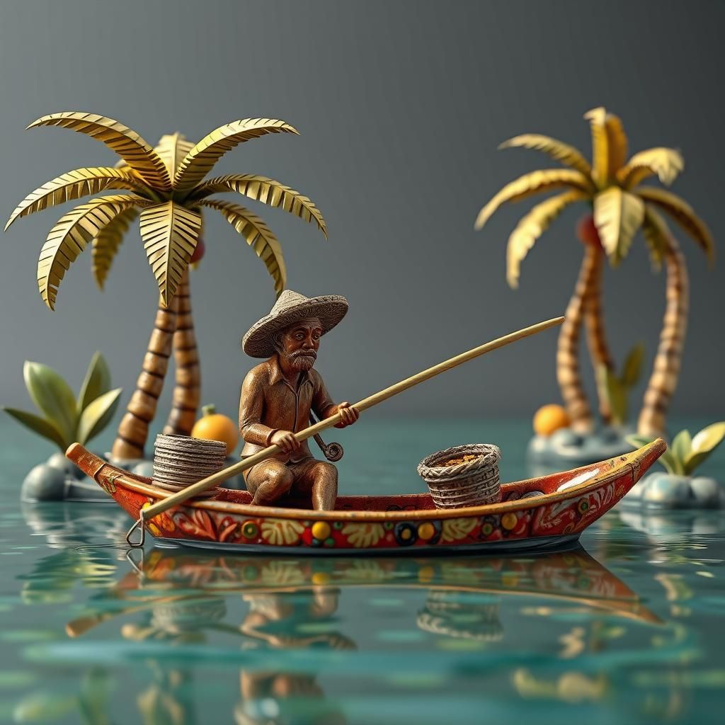 Fisherman in Pond: Colorful Ceramic Concept Art