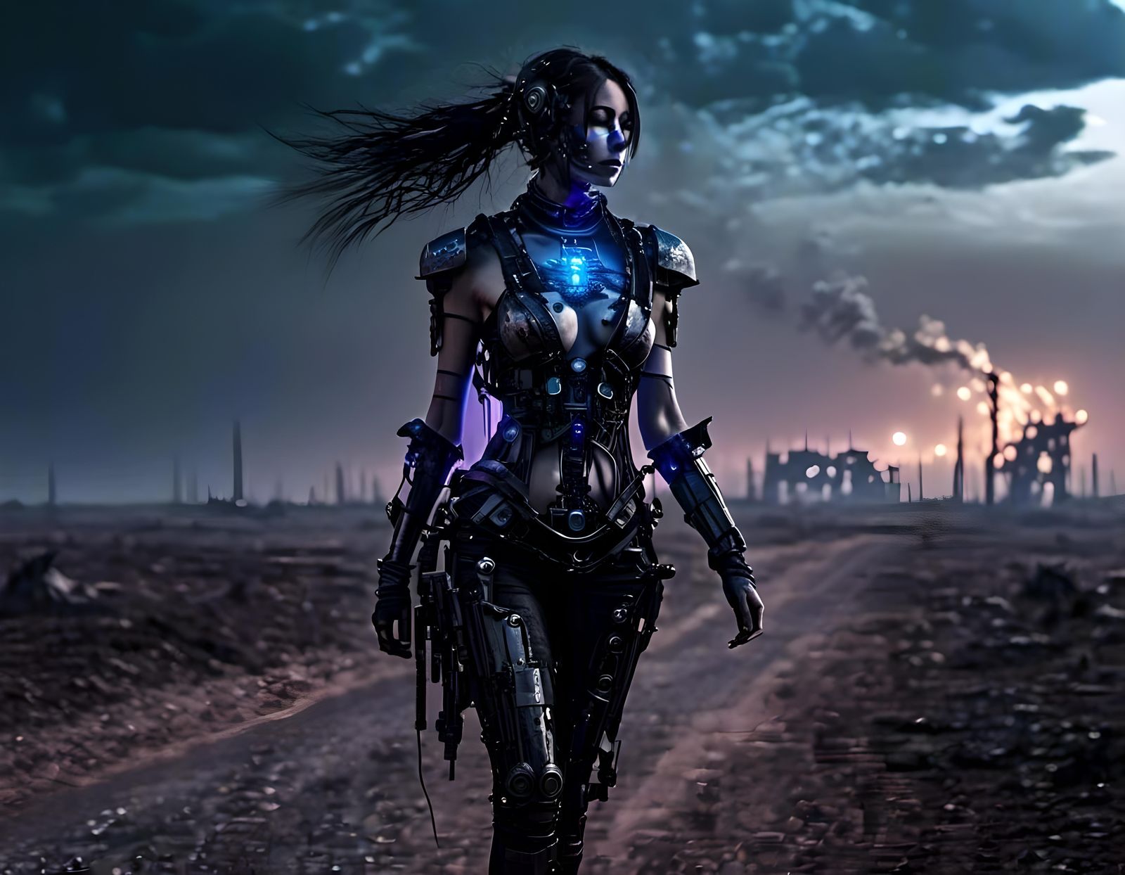 Cybernetic Woman in Desolate Post-Apocalyptic Landscape