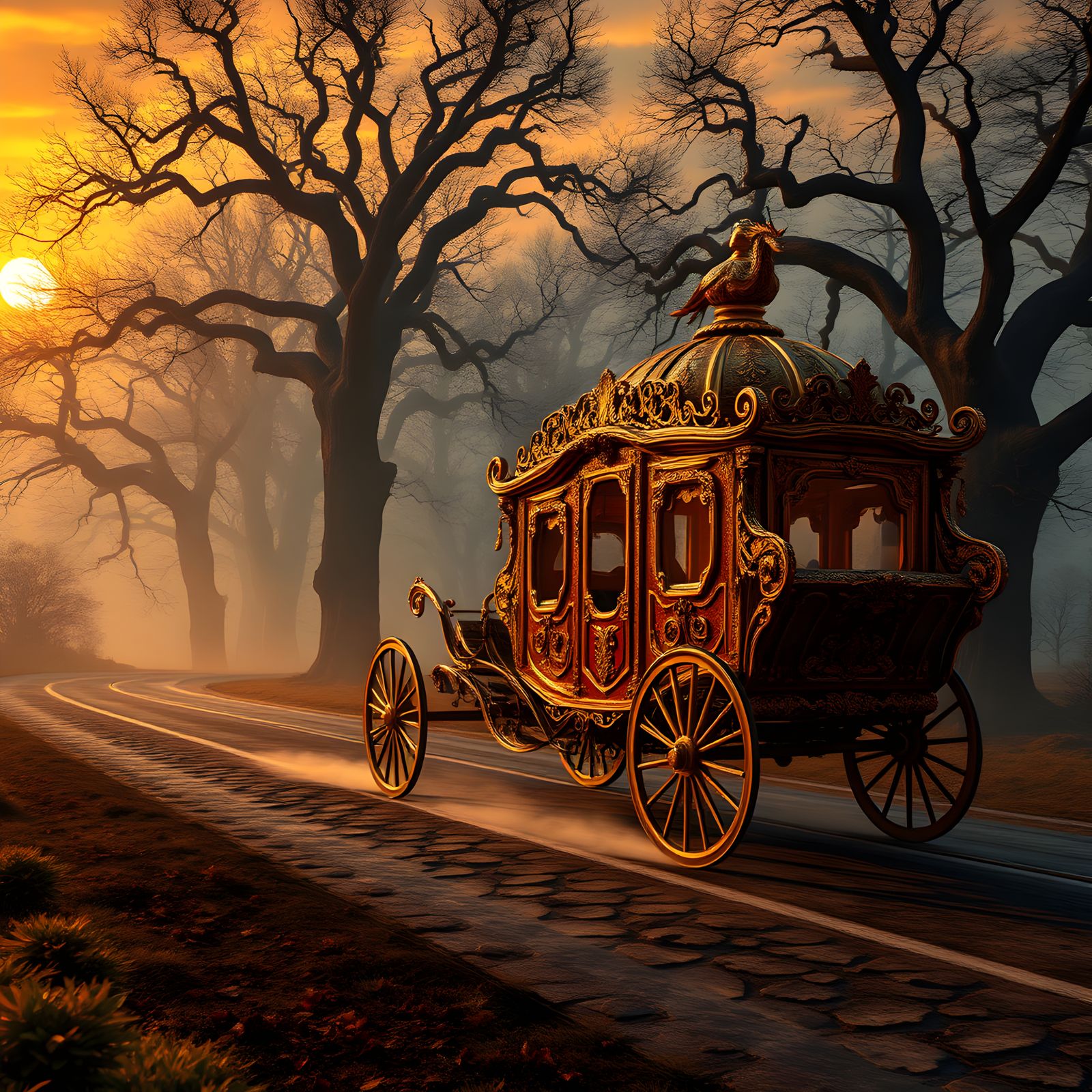 White Carriage in Autumn Alley: Detailed Matte Painting
