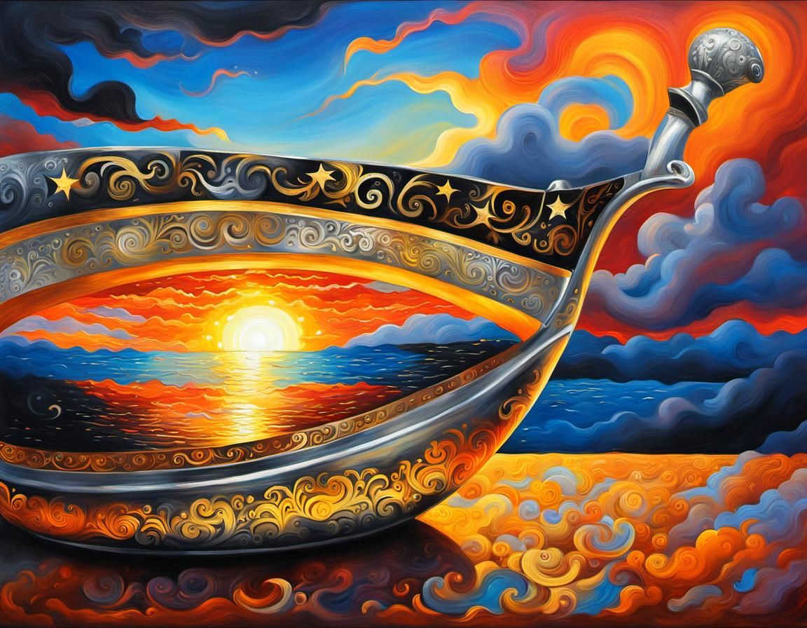 Magical Ewer Pouring Sunset, Van Gogh-Inspired Oil Painting