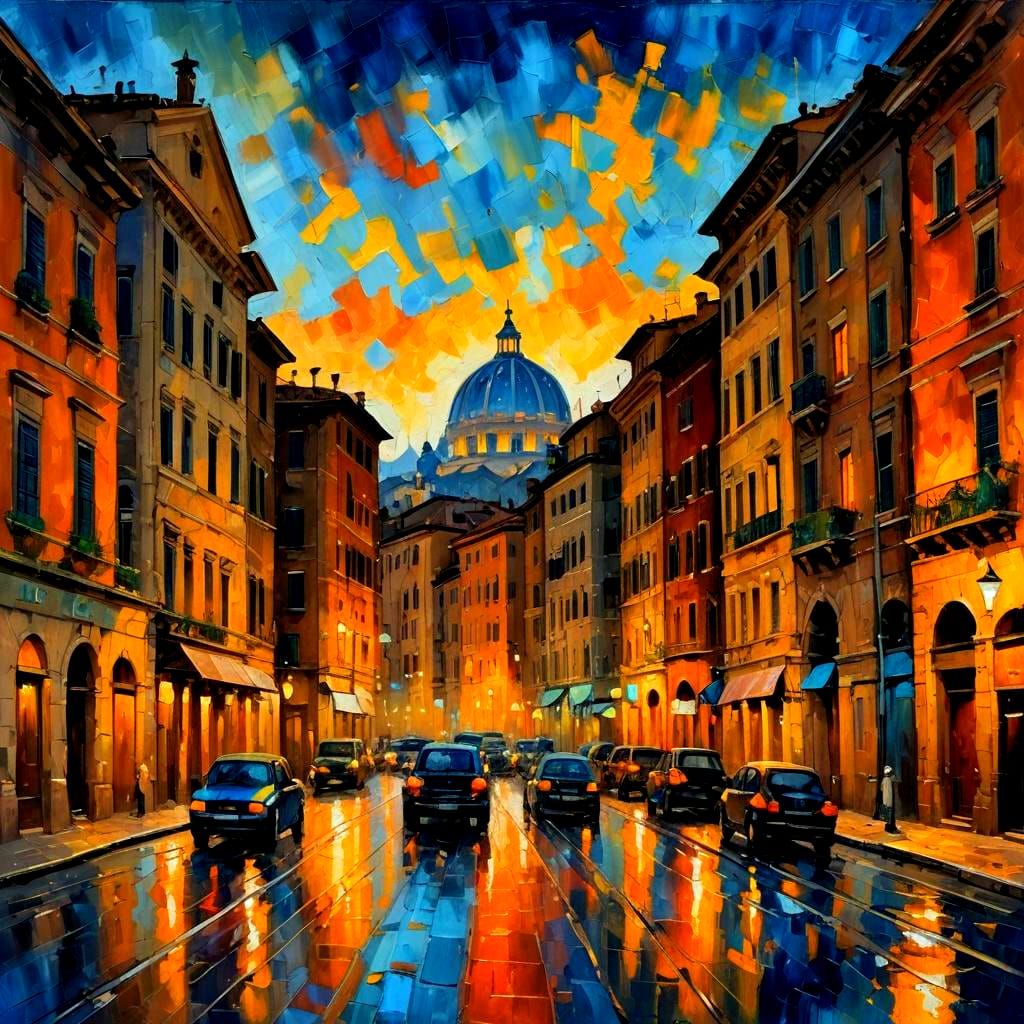 Rome Nightscape: An Expressionist Oil Painting