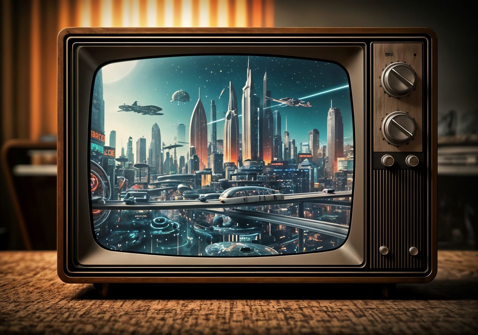 Retro-Futuristic Cityscape on Vintage TV