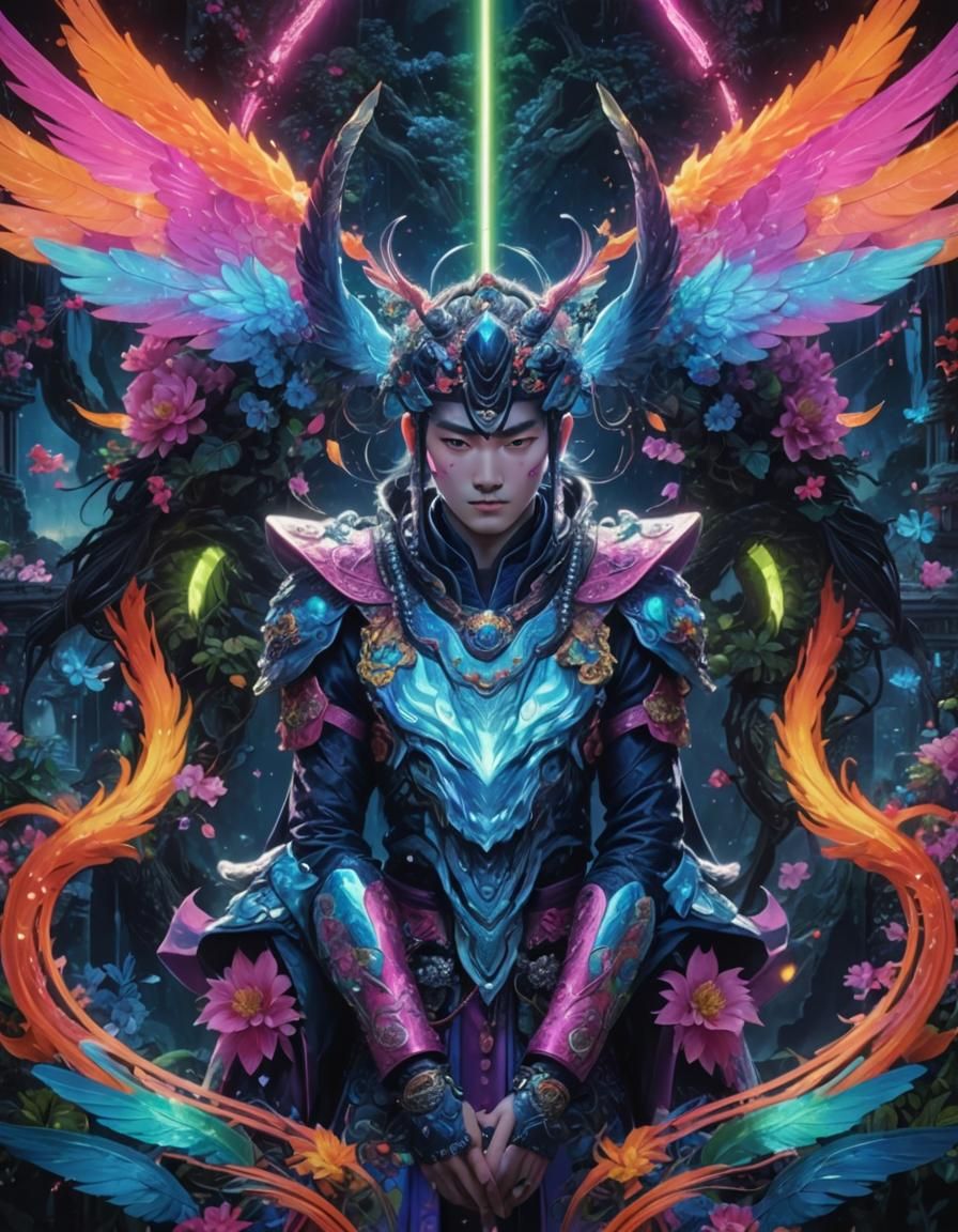Anime Chinese Prince with Fairy Wings in Vaporwave Style