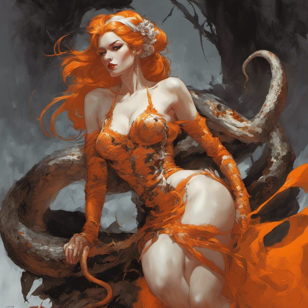 Pin-Up Snake Witch in Orange, Artstation Trending