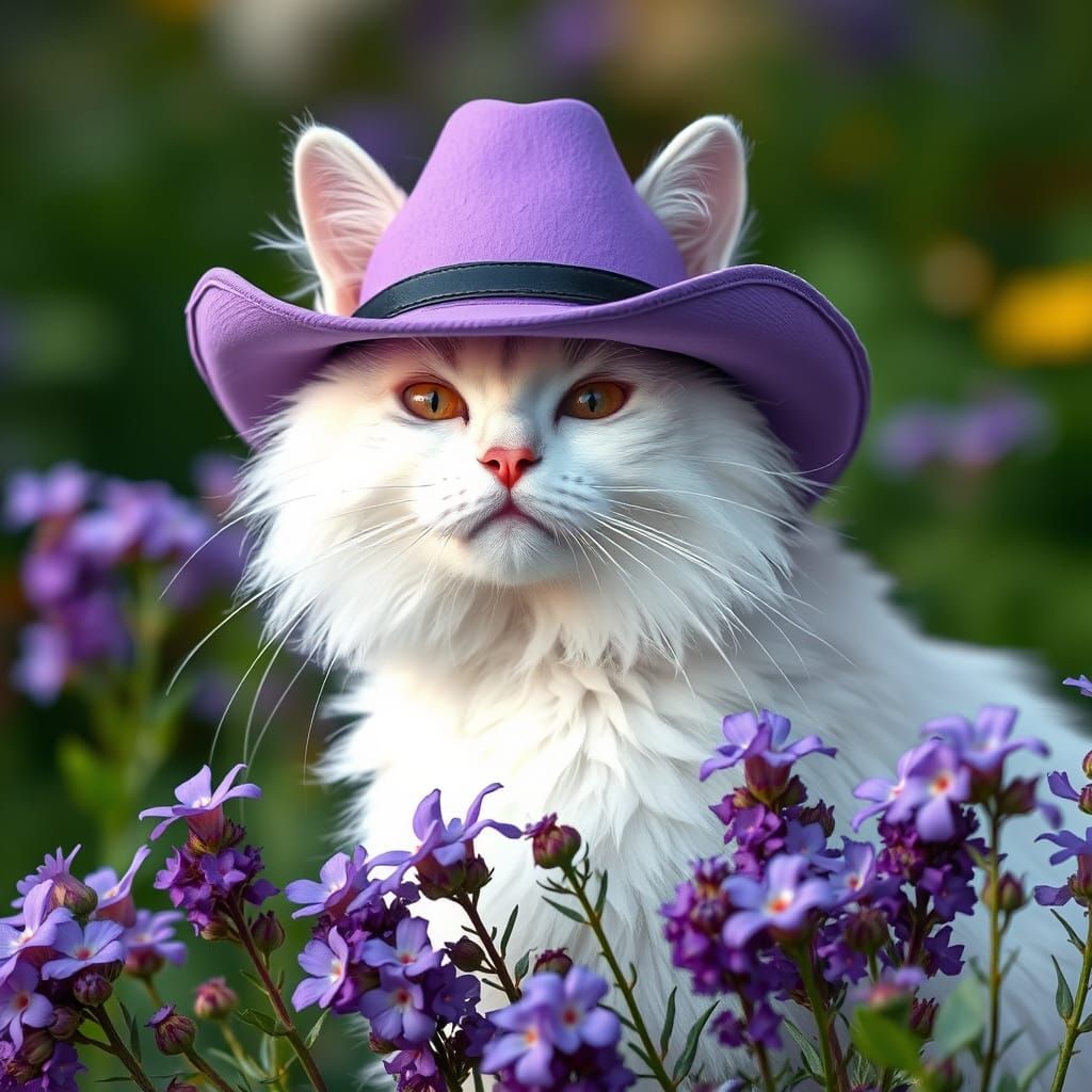 a beautiful white cat wearing a purple cowboy hat and surrou...