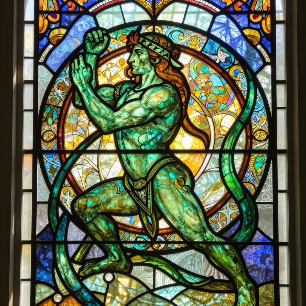 Art Nouveau Green Man Stained Glass Window