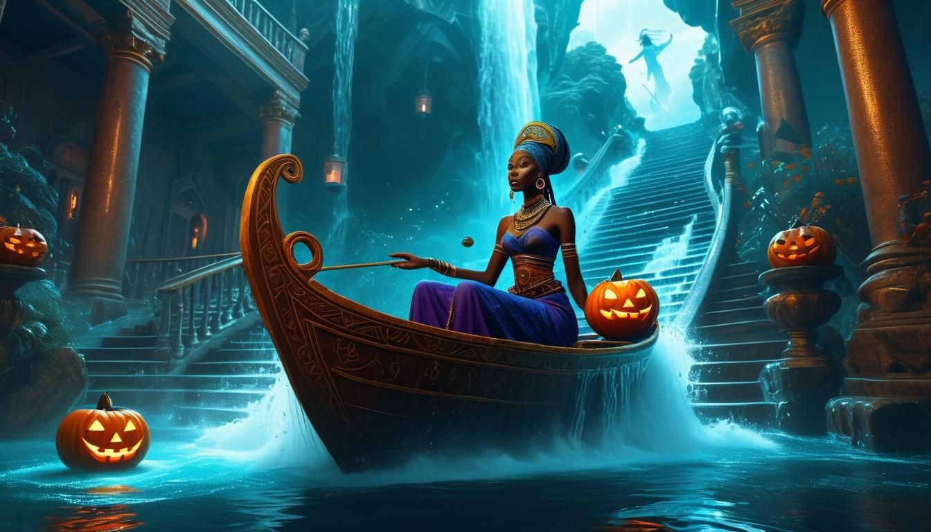 Surreal Sorceress Navigates Waterfall Staircase in Digital A...