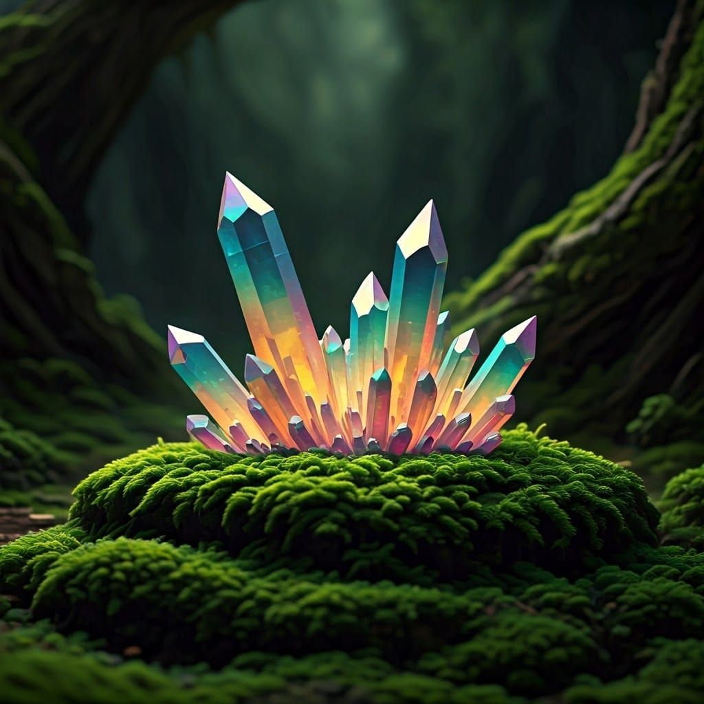 Iridescent Rainbow Crystals on Emerald Moss